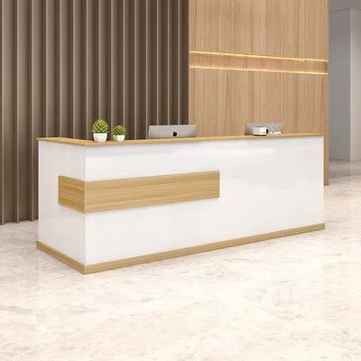 Modern Minimalist Reception Desk Cashier's Desk, Wood, White with Maple Color