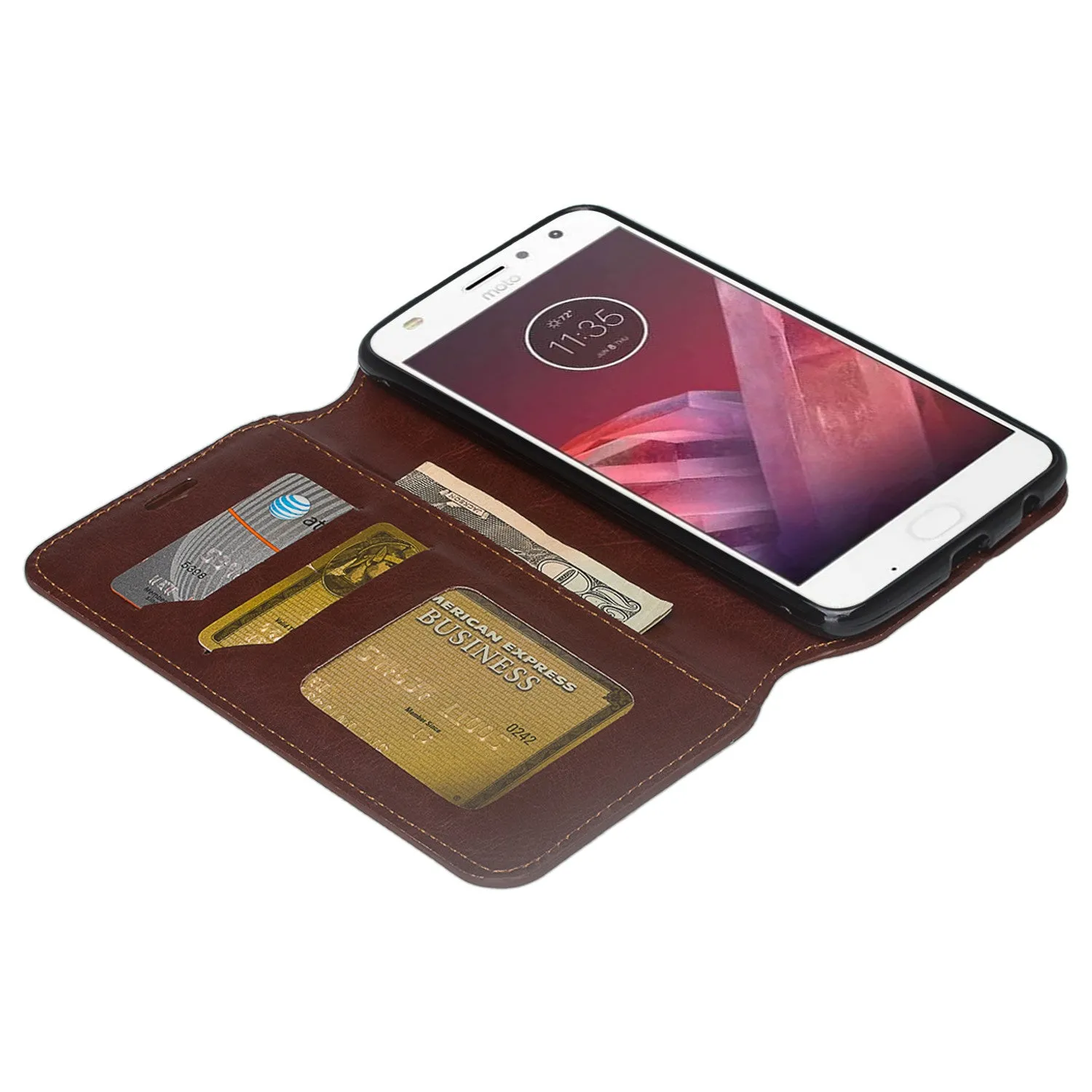 Motorola Moto Z2 Play Case, Moto Z2 Play Wallet Case, Slim Flip Folio [Kickstand] Pu Leather Wallet Case with ID & Card Slots & Pocket - Brown