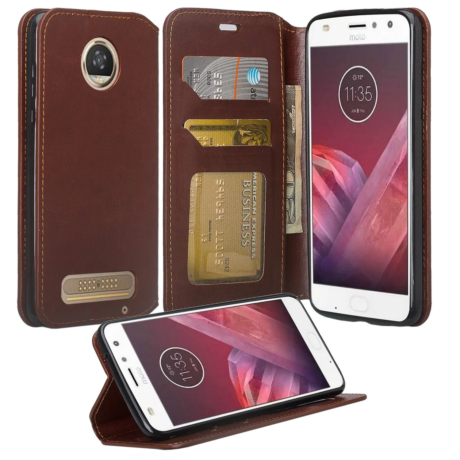 Motorola Moto Z2 Play Case, Moto Z2 Play Wallet Case, Slim Flip Folio [Kickstand] Pu Leather Wallet Case with ID & Card Slots & Pocket - Brown