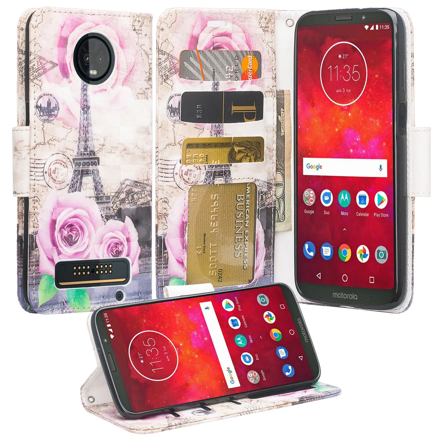 Motorola Moto Z3 Play Case, Moto Z3 Play Wallet Case, Wrist Strap Pu Leather Wallet Case [Kickstand] with ID & Credit Card Slots - Paris