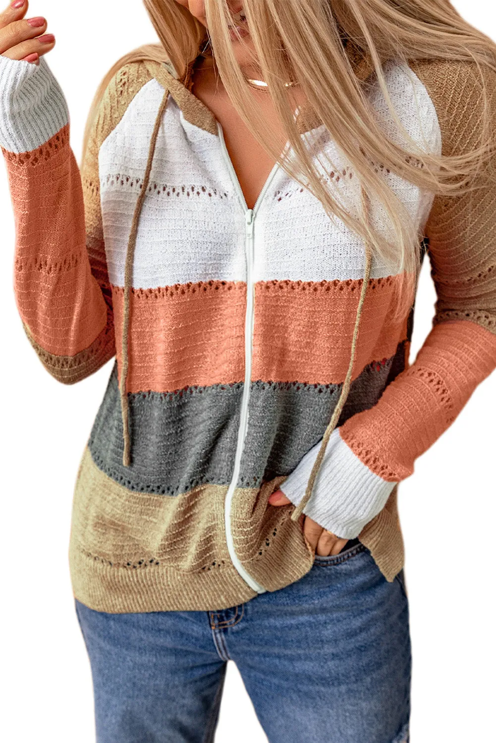 Multicolor Zipped Front Colorblock Hollow-out Knit Hoodie