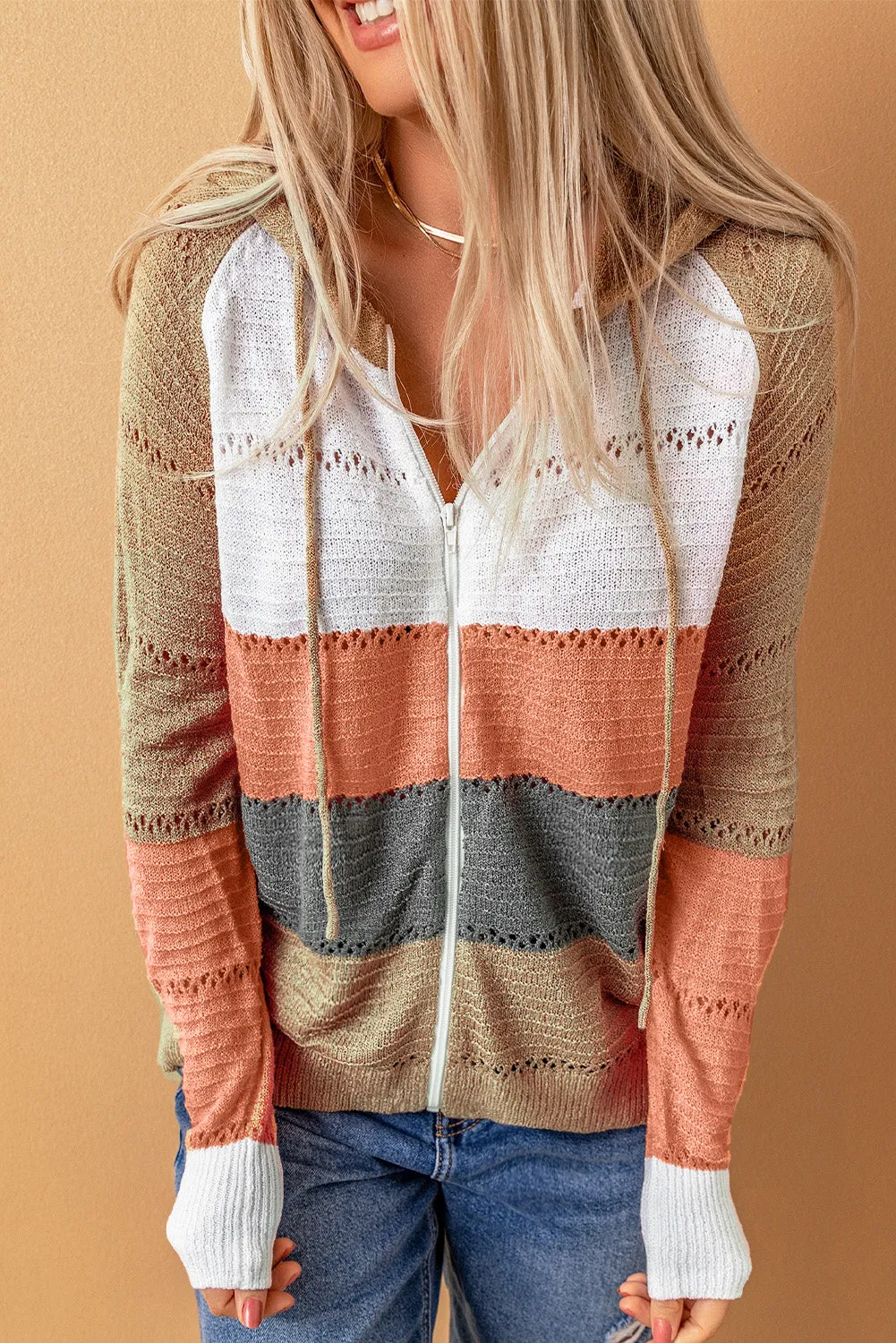 Multicolor Zipped Front Colorblock Hollow-out Knit Hoodie