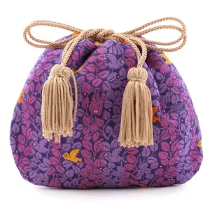 Nishijin-ori Small Drawstring Bag - Awl, hidden Bat and Cat -,  Made in Kyoto, Japan,  Japanese traditional craft purse