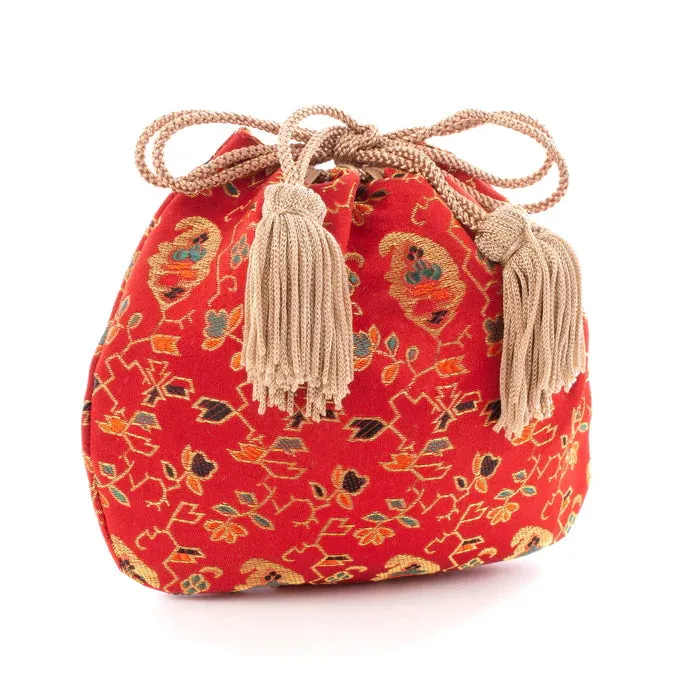 Nishijin-ori Small Drawstring Bag - Flower, Fruit, and Tree / Red -,  Made in Kyoto, Japan,  Japanese traditional craft purse