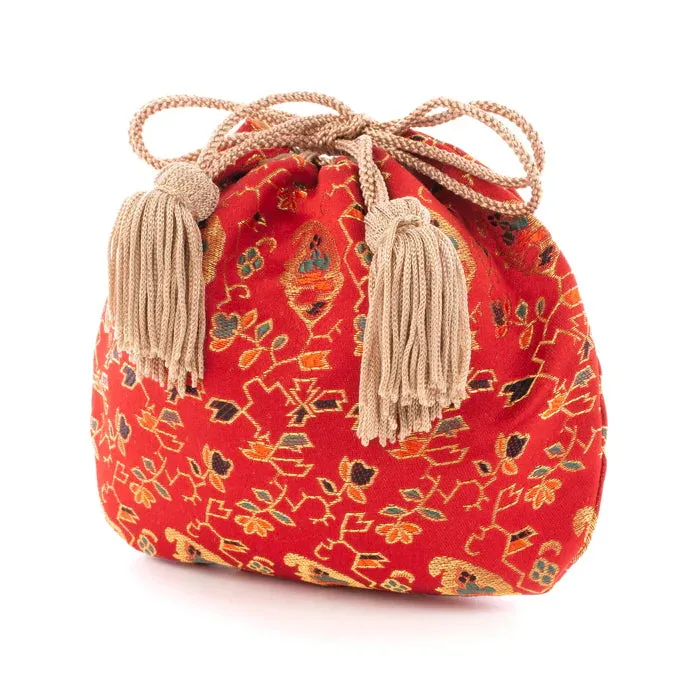 Nishijin-ori Small Drawstring Bag - Flower, Fruit, and Tree / Red -,  Made in Kyoto, Japan,  Japanese traditional craft purse