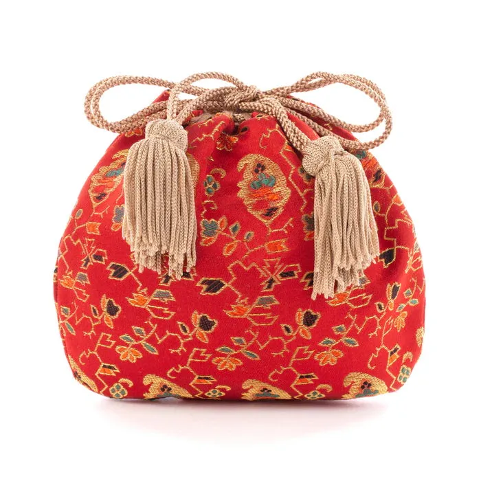 Nishijin-ori Small Drawstring Bag - Flower, Fruit, and Tree / Red -,  Made in Kyoto, Japan,  Japanese traditional craft purse