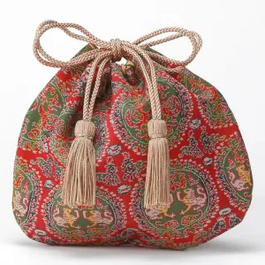 Nishijin-ori Small Drawstring Bag - White Tiger and Phoenix / Red -,  Made in Kyoto, Japan,  Japanese traditional craft purse