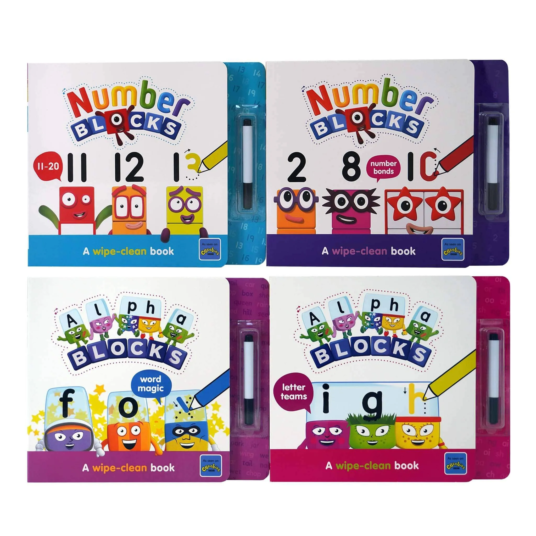 Numberblocks And Alphablocks Wipe Clean 4 Books & Numberblocks Red Backpack - Ages 1-7 - Board Book