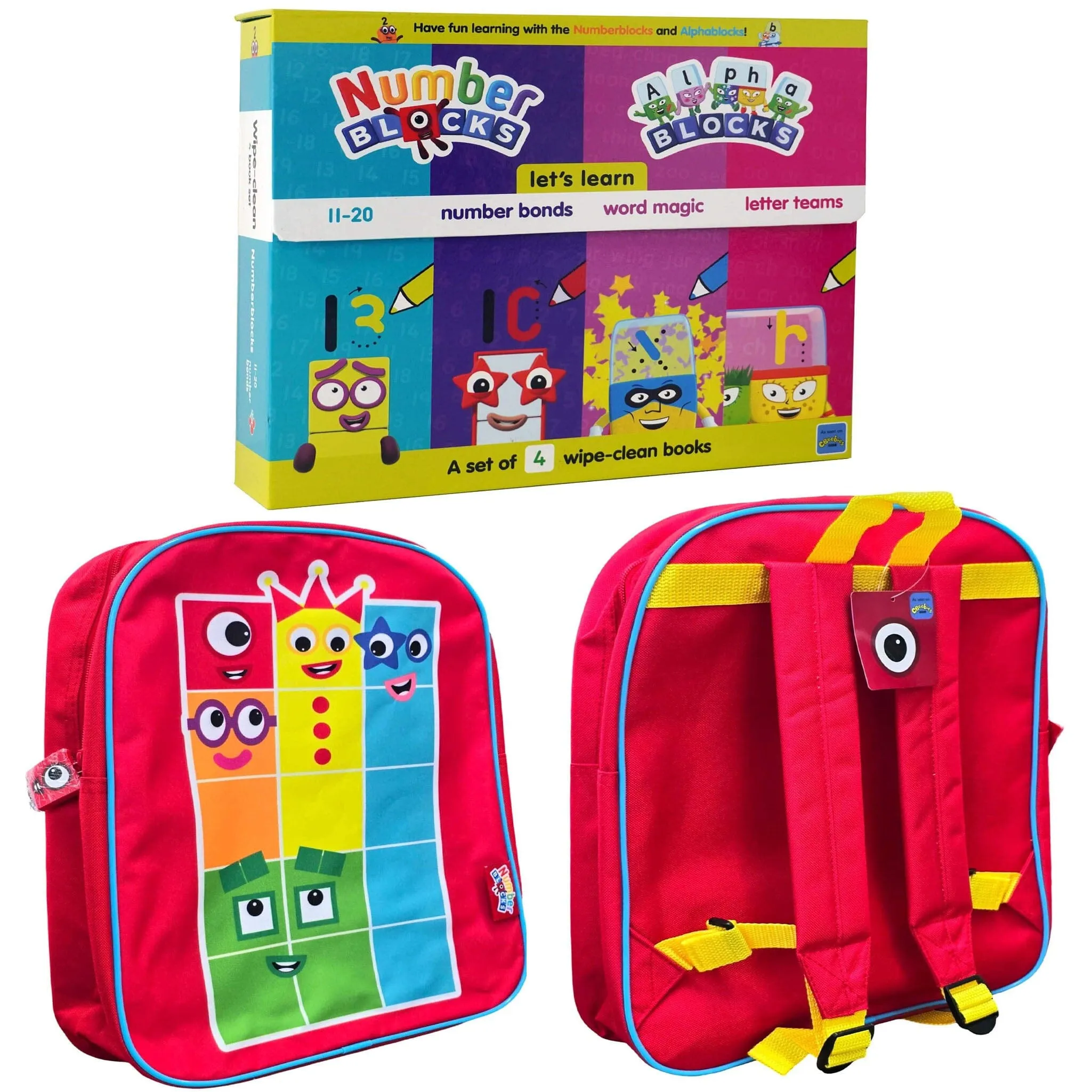 Numberblocks And Alphablocks Wipe Clean 4 Books & Numberblocks Red Backpack - Ages 1-7 - Board Book