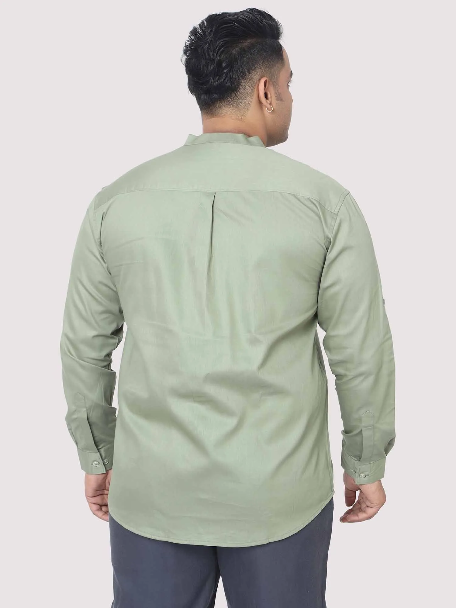 Olive Green Mandarin Collar Men's Plus Size Cotton Full Shirt