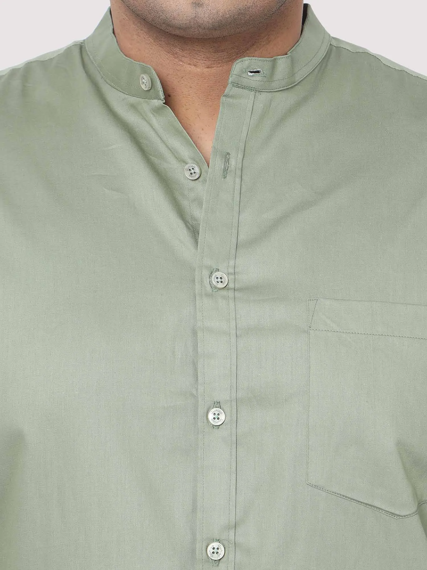 Olive Green Mandarin Collar Men's Plus Size Cotton Full Shirt