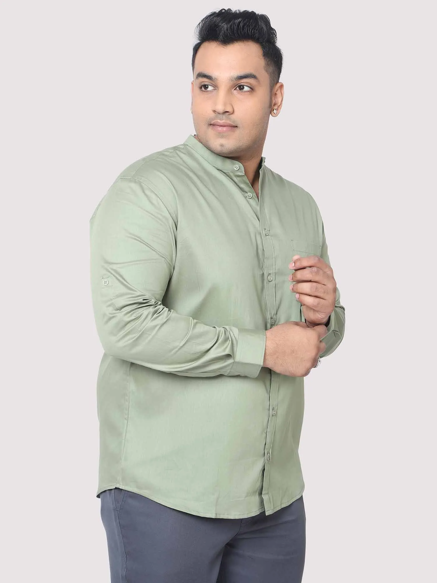 Olive Green Mandarin Collar Men's Plus Size Cotton Full Shirt