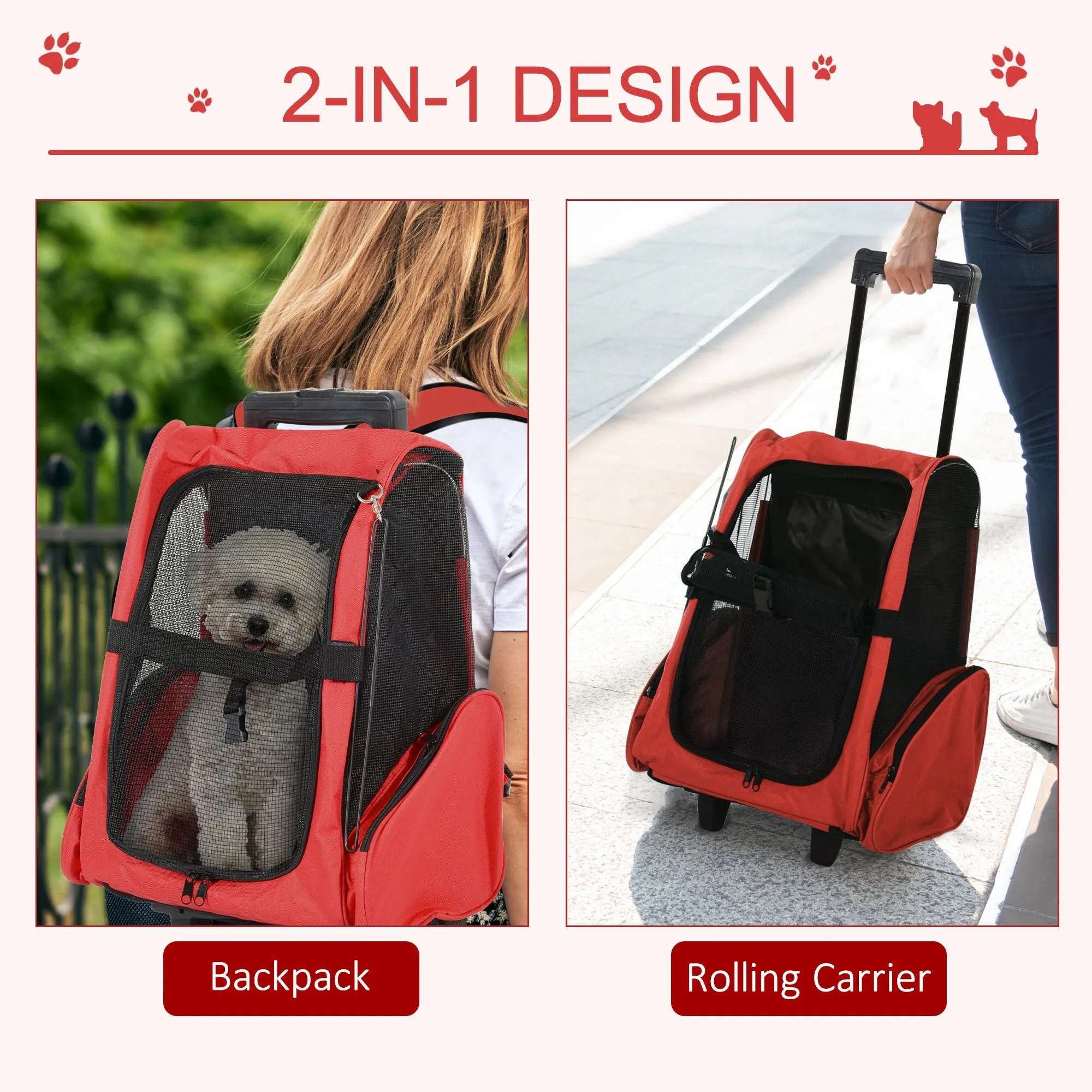 PawHut Pet Red Travel Backpack Bag Cat Puppy Dog Carrier w/ Trolley and Telescopic