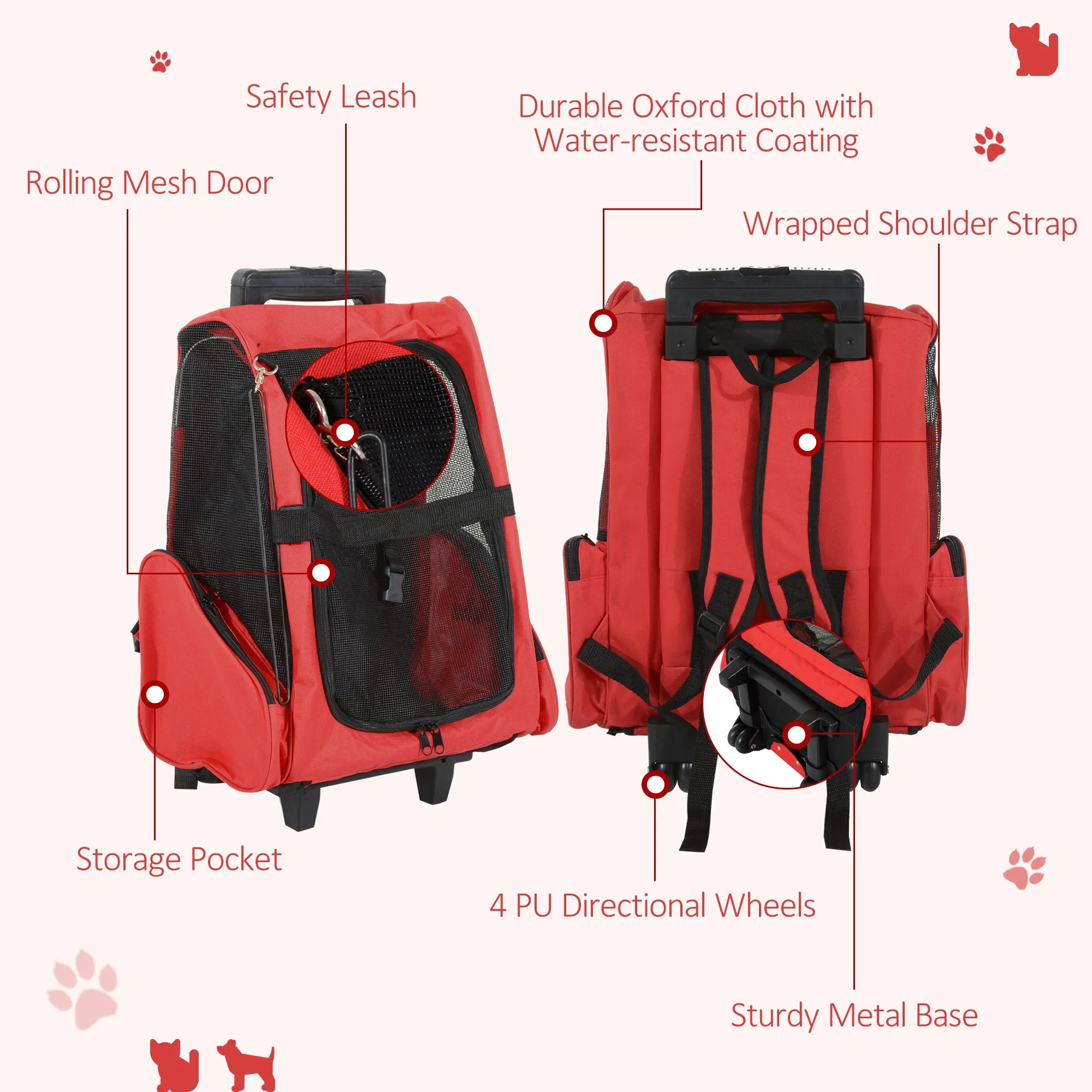 PawHut Pet Red Travel Backpack Bag Cat Puppy Dog Carrier w/ Trolley and Telescopic