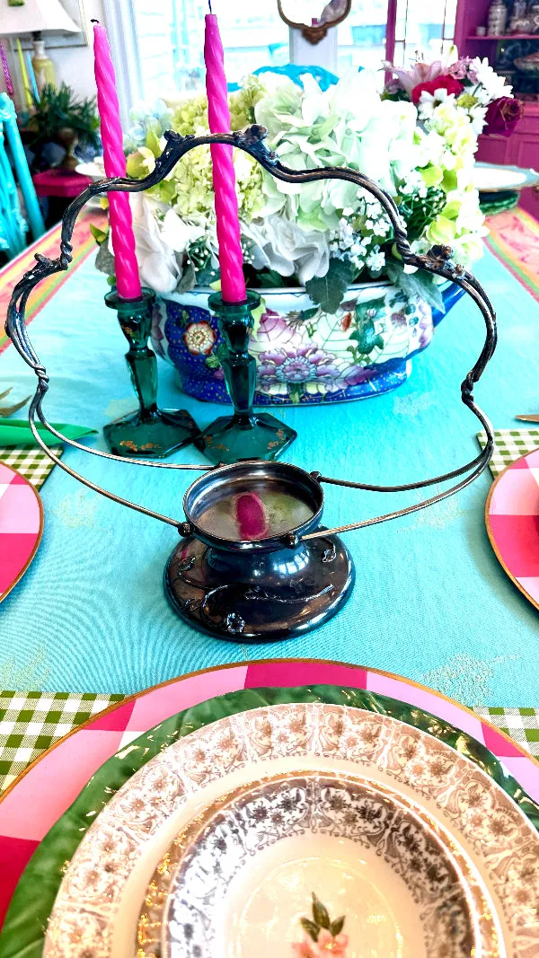 Rare Antique Victorian Bridal Basket with Bowl, Coin and Sterling Silver Frame, Lily Accent, Carnival Glass Ruffle Edge Bowl, Hand Painted, Forbes Silver Co. Quadruple 484