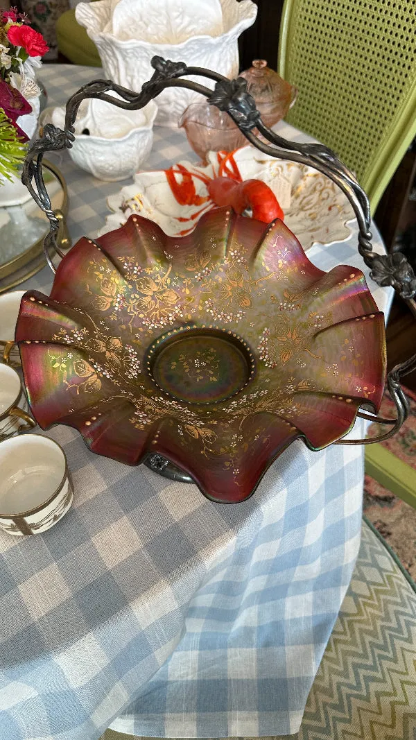 Rare Antique Victorian Bridal Basket with Bowl, Coin and Sterling Silver Frame, Lily Accent, Carnival Glass Ruffle Edge Bowl, Hand Painted, Forbes Silver Co. Quadruple 484