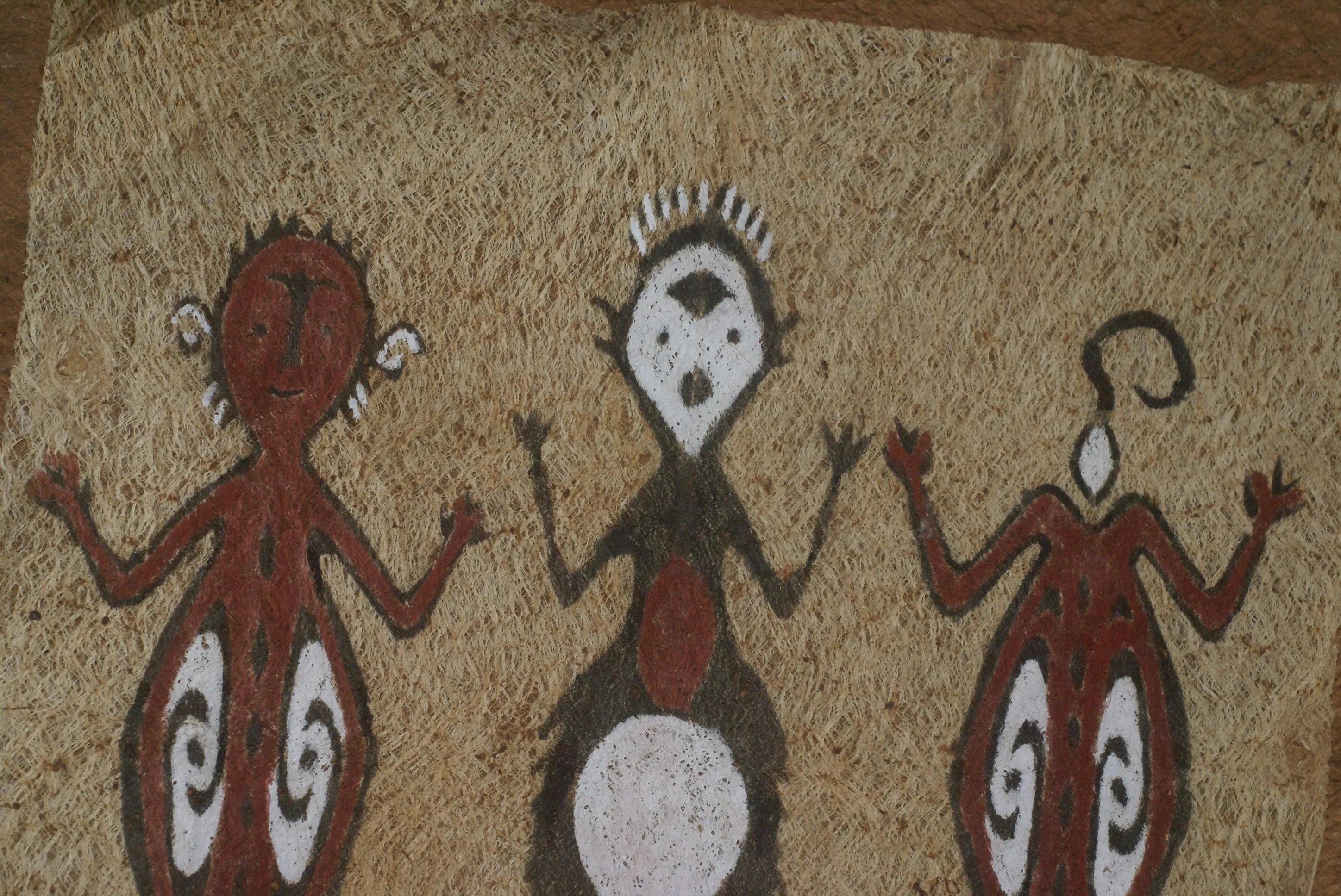 Rare Tapa Bark Cloth (Kapa in Hawaii), from Lake Sentani, Irian Jaya, Papua New Guinea. Hand painted by a Tribal Artist with natural pigments: Spiritual Stylized People Morphing into Geckos 16" x 14" (no 25)