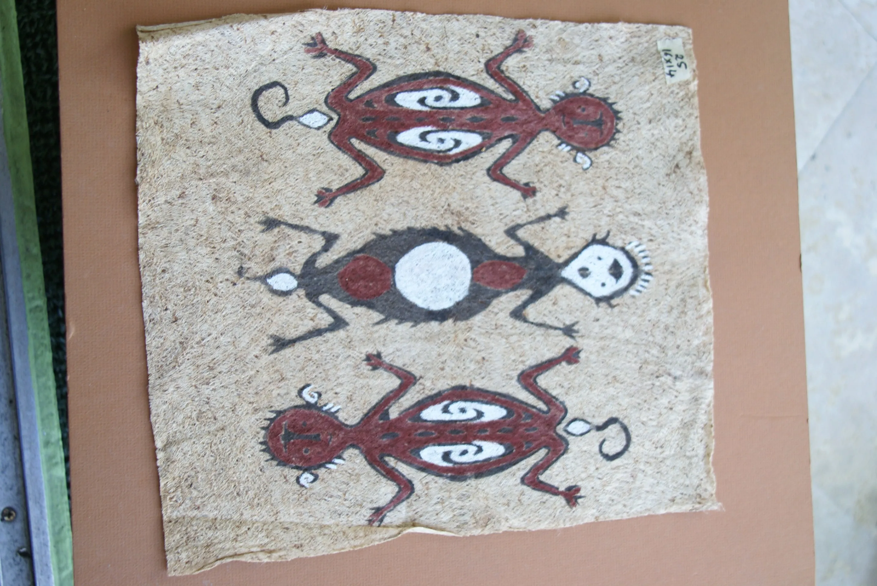 Rare Tapa Bark Cloth (Kapa in Hawaii), from Lake Sentani, Irian Jaya, Papua New Guinea. Hand painted by a Tribal Artist with natural pigments: Spiritual Stylized People Morphing into Geckos 16" x 14" (no 25)