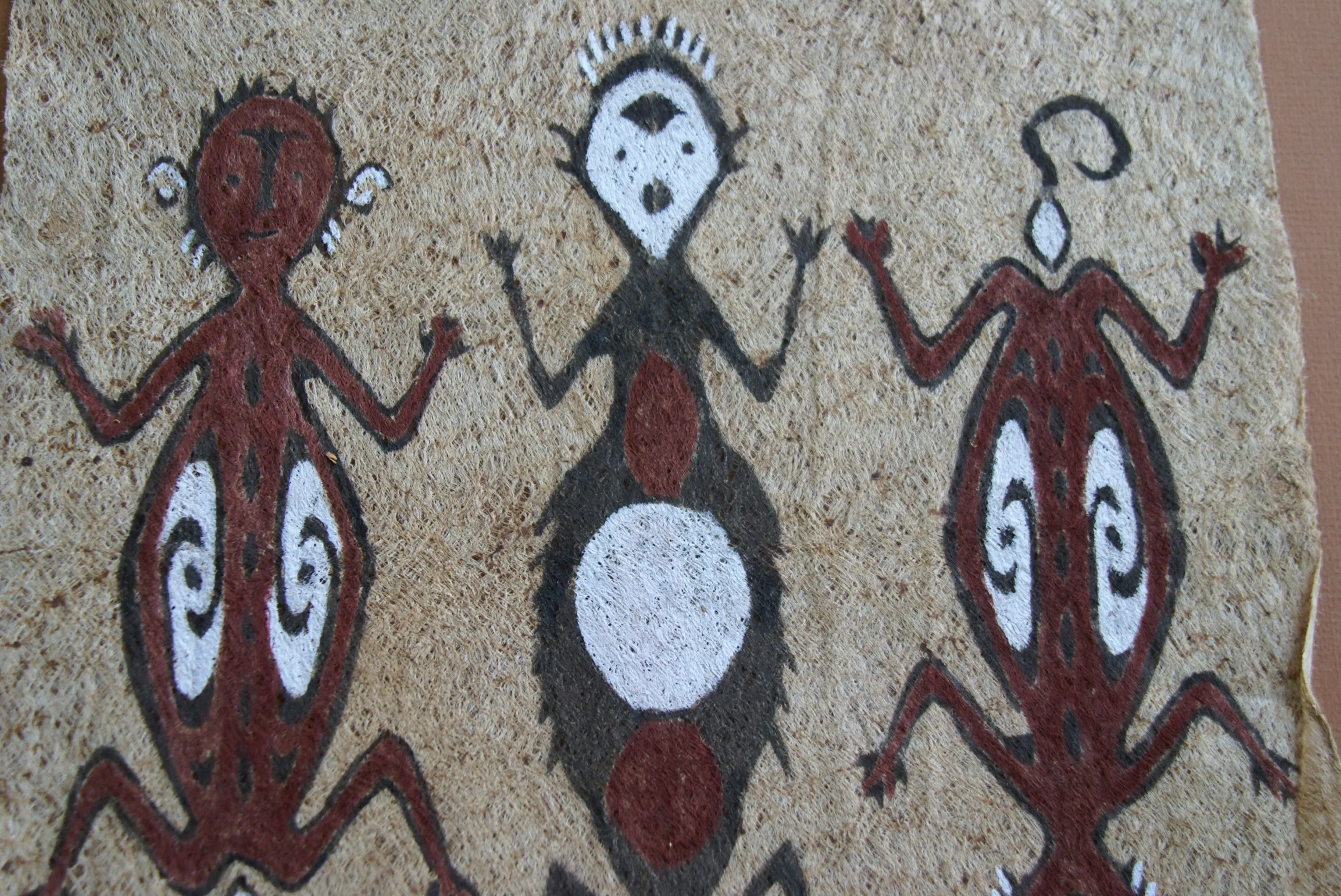 Rare Tapa Bark Cloth (Kapa in Hawaii), from Lake Sentani, Irian Jaya, Papua New Guinea. Hand painted by a Tribal Artist with natural pigments: Spiritual Stylized People Morphing into Geckos 16" x 14" (no 25)