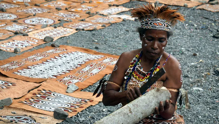 Rare Tapa Bark Cloth (Kapa in Hawaii), from Lake Sentani, Irian Jaya, Papua New Guinea. Hand painted by a Tribal Artist with natural pigments: Spiritual Stylized People Morphing into Geckos 16" x 14" (no 25)