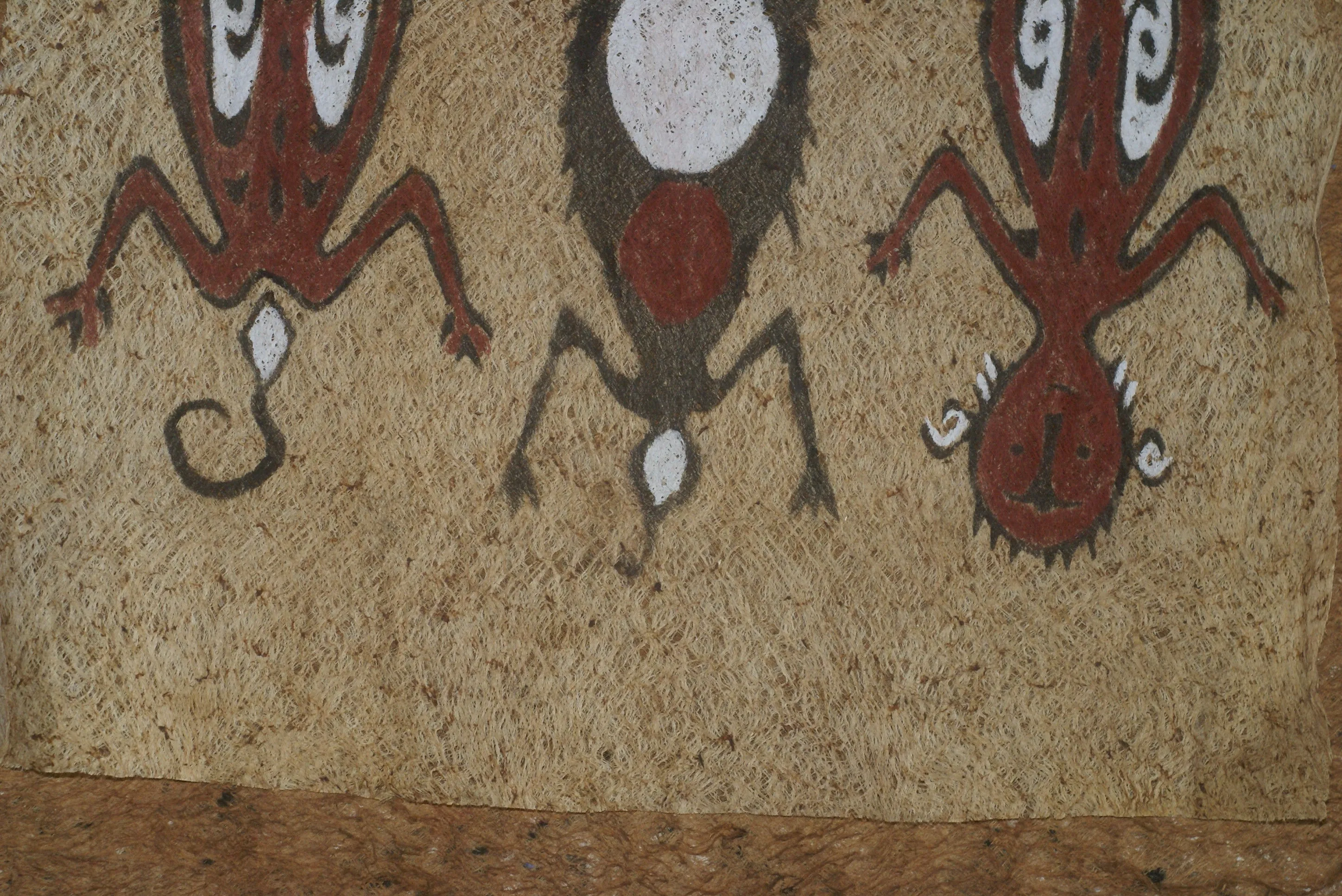 Rare Tapa Bark Cloth (Kapa in Hawaii), from Lake Sentani, Irian Jaya, Papua New Guinea. Hand painted by a Tribal Artist with natural pigments: Spiritual Stylized People Morphing into Geckos 16" x 14" (no 25)