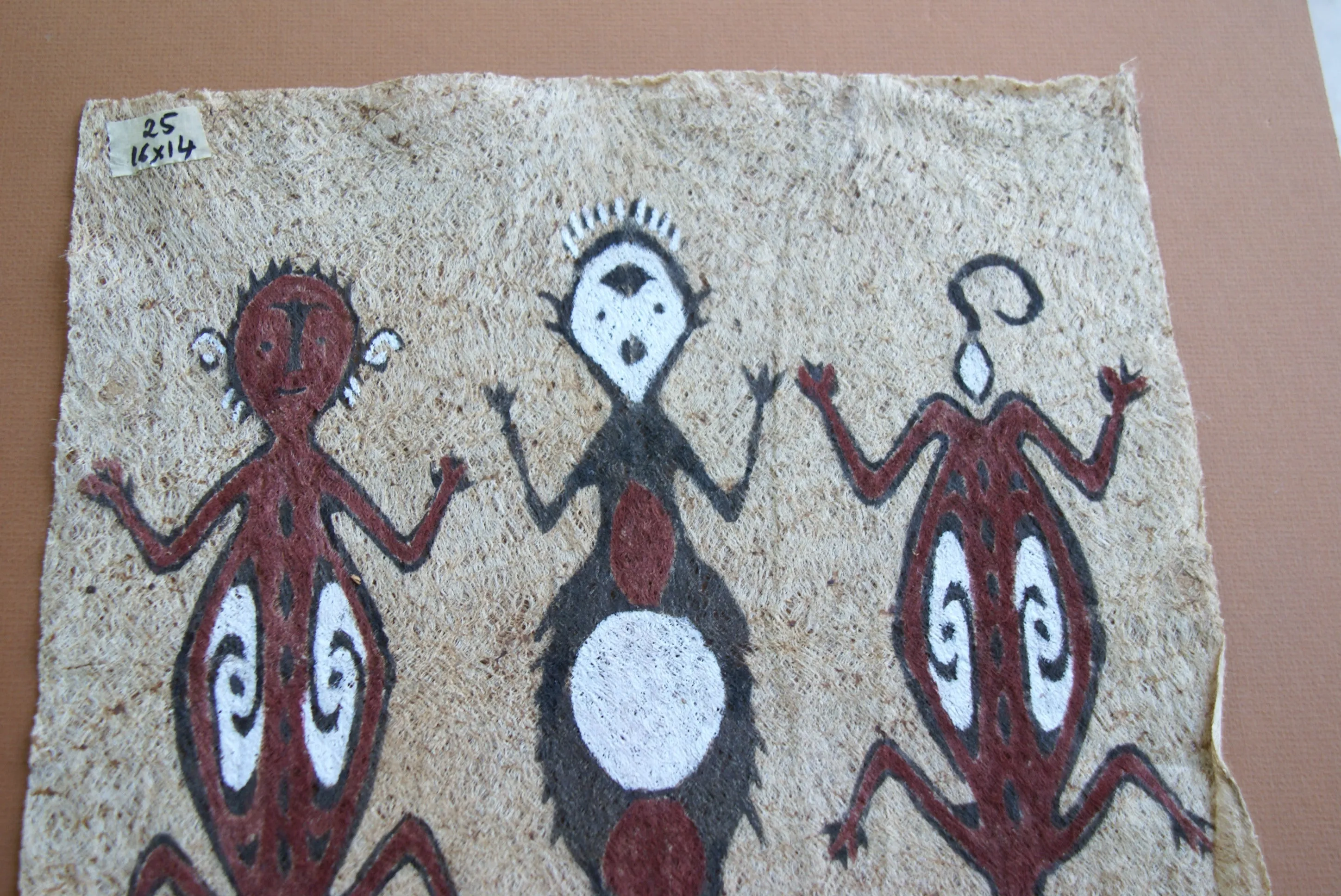 Rare Tapa Bark Cloth (Kapa in Hawaii), from Lake Sentani, Irian Jaya, Papua New Guinea. Hand painted by a Tribal Artist with natural pigments: Spiritual Stylized People Morphing into Geckos 16" x 14" (no 25)