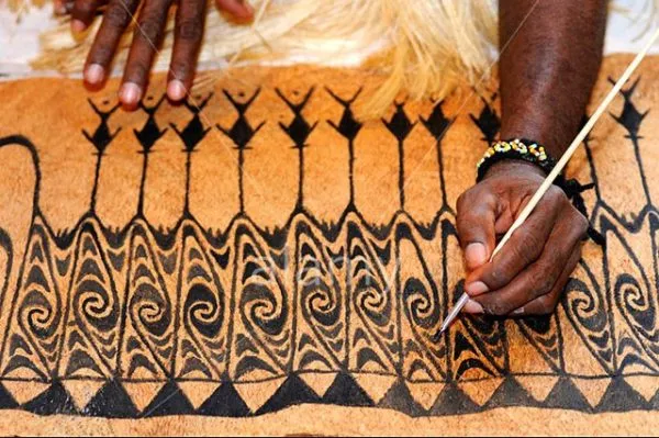 Rare Tapa Bark Cloth (Kapa in Hawaii), from Lake Sentani, Irian Jaya, Papua New Guinea. Hand painted by a Tribal Artist with natural pigments: Spiritual Stylized People Morphing into Geckos 16" x 14" (no 25)