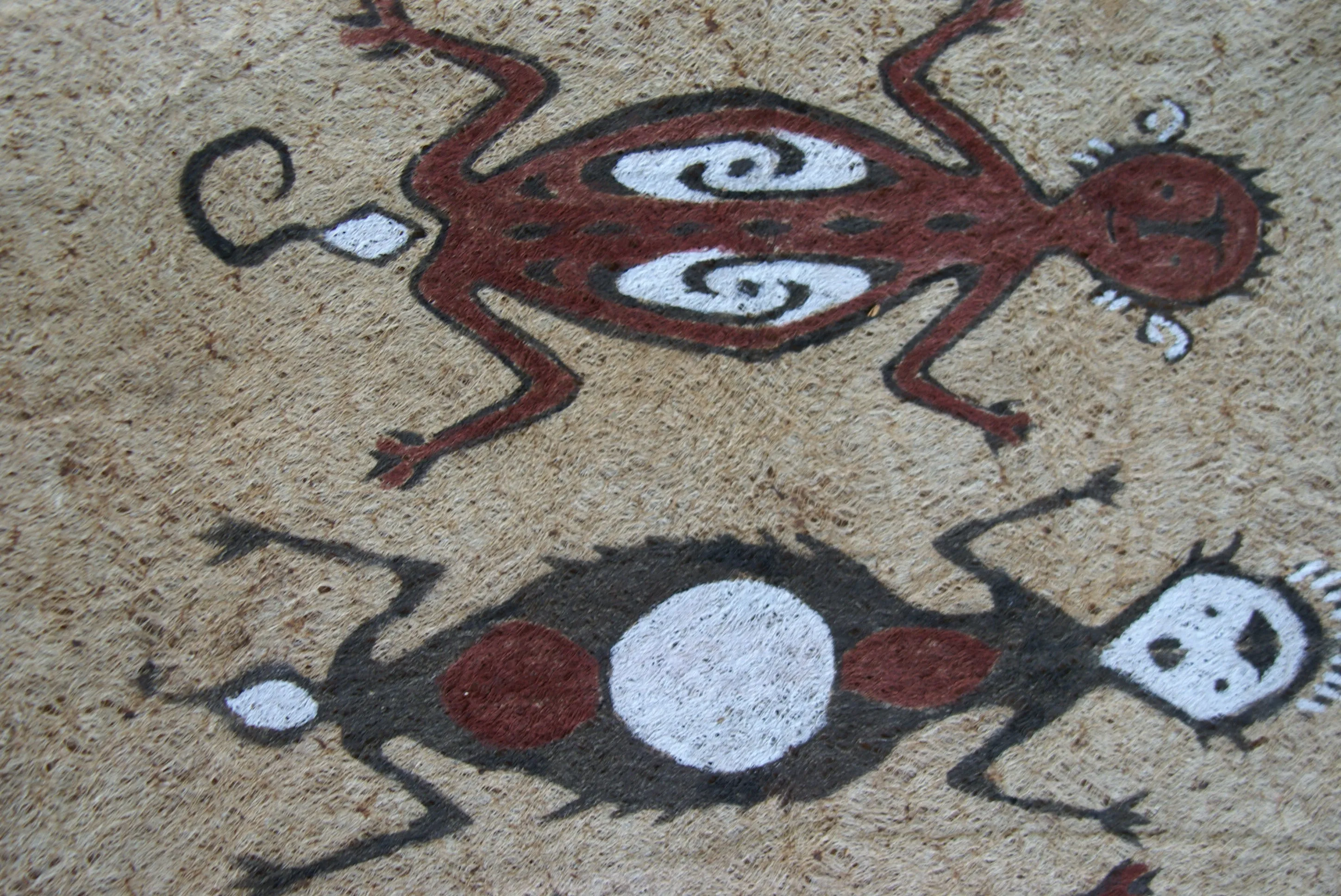 Rare Tapa Bark Cloth (Kapa in Hawaii), from Lake Sentani, Irian Jaya, Papua New Guinea. Hand painted by a Tribal Artist with natural pigments: Spiritual Stylized People Morphing into Geckos 16" x 14" (no 25)