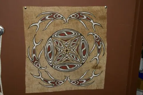 Rare Tapa Kapa Bark Cloth (Called Kapa in Hawaii), from Lake Sentani, Irian Jaya, Papua New Guinea. Hand painted with natural pigments by a Tribal Artist: Abstract Geometric Stylized Fish Motifs 23" x 21" (no 34)