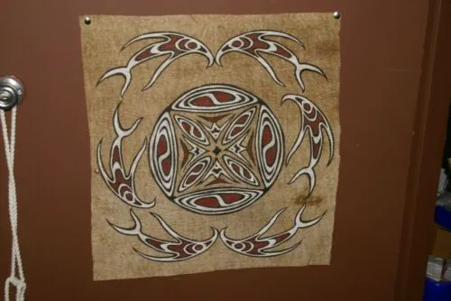 Rare Tapa Kapa Bark Cloth (Called Kapa in Hawaii), from Lake Sentani, Irian Jaya, Papua New Guinea. Hand painted with natural pigments by a Tribal Artist: Abstract Geometric Stylized Fish Motifs 23" x 21" (no 34)