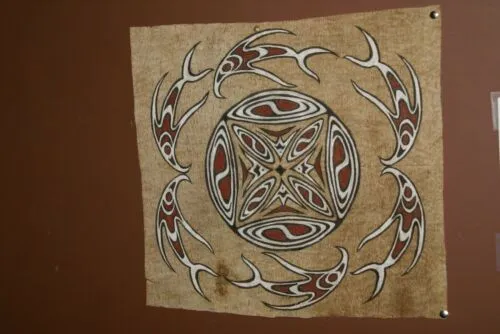 Rare Tapa Kapa Bark Cloth (Called Kapa in Hawaii), from Lake Sentani, Irian Jaya, Papua New Guinea. Hand painted with natural pigments by a Tribal Artist: Abstract Geometric Stylized Fish Motifs 23" x 21" (no 34)