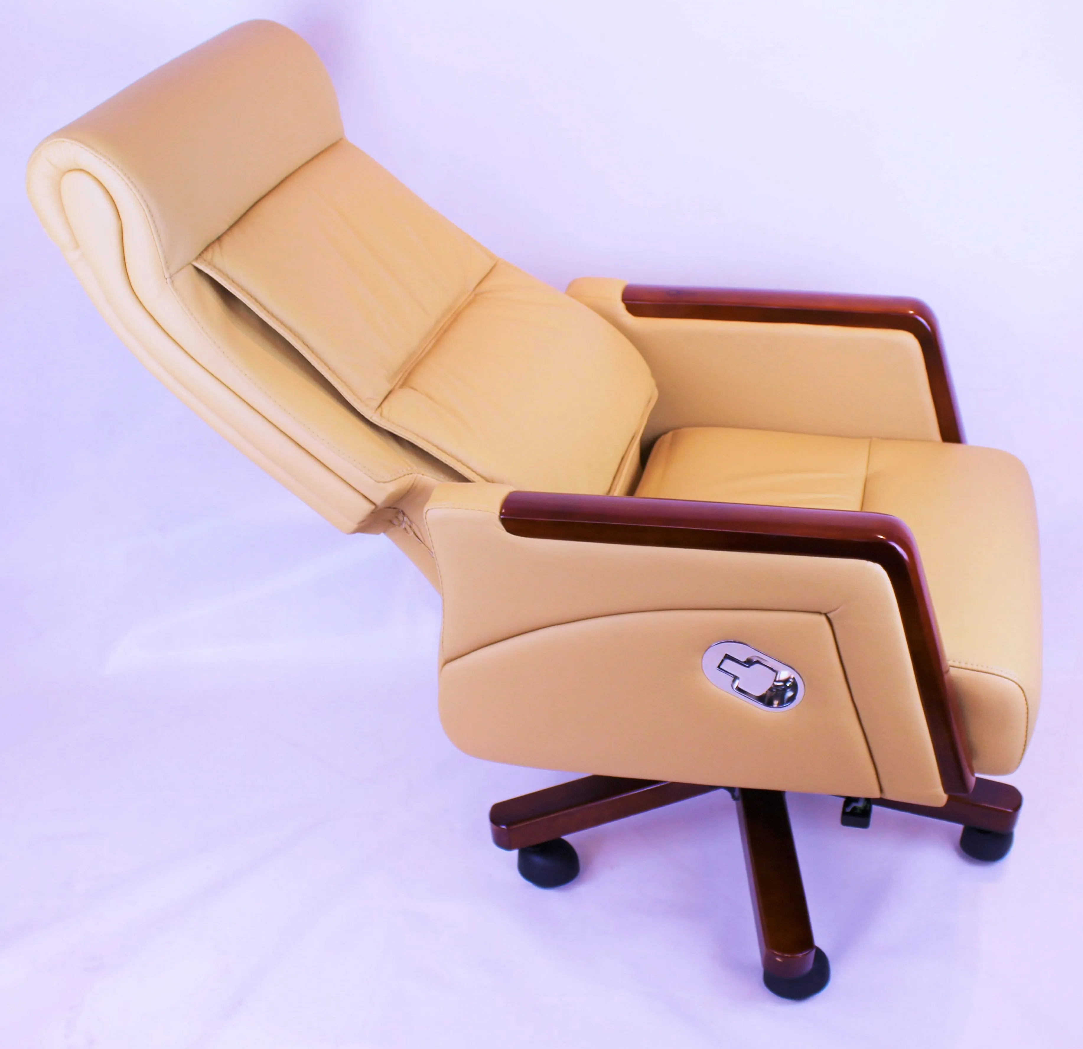 Reclining Beige Leather Executive Office Chair with Wooden Arms - SZ-A109