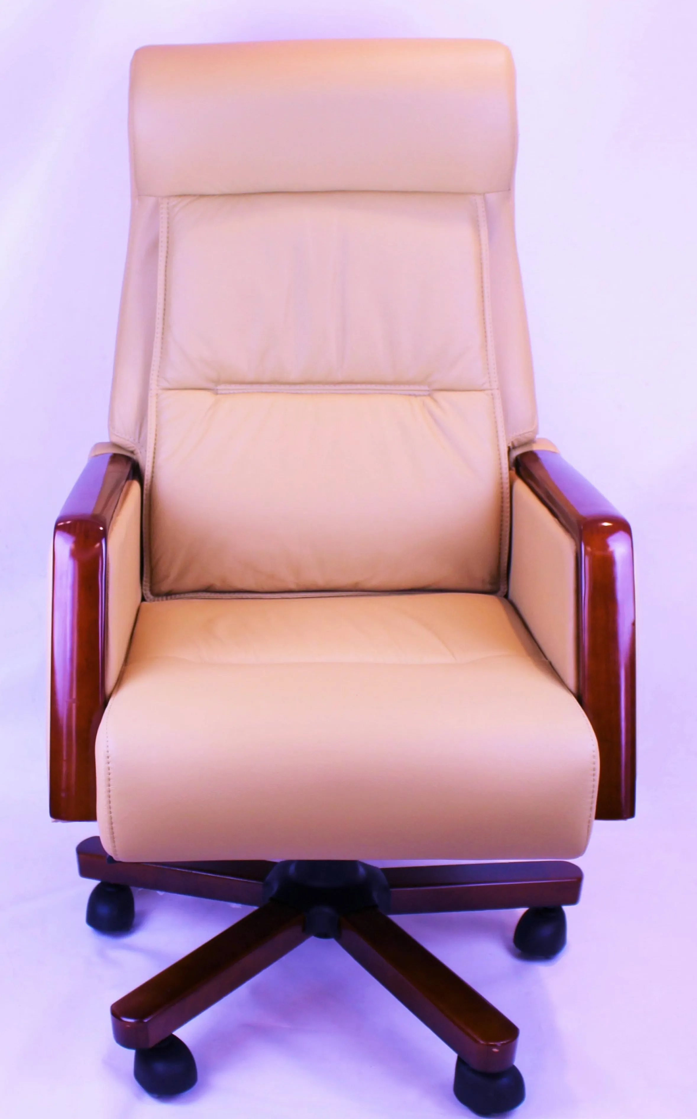 Reclining Beige Leather Executive Office Chair with Wooden Arms - SZ-A109