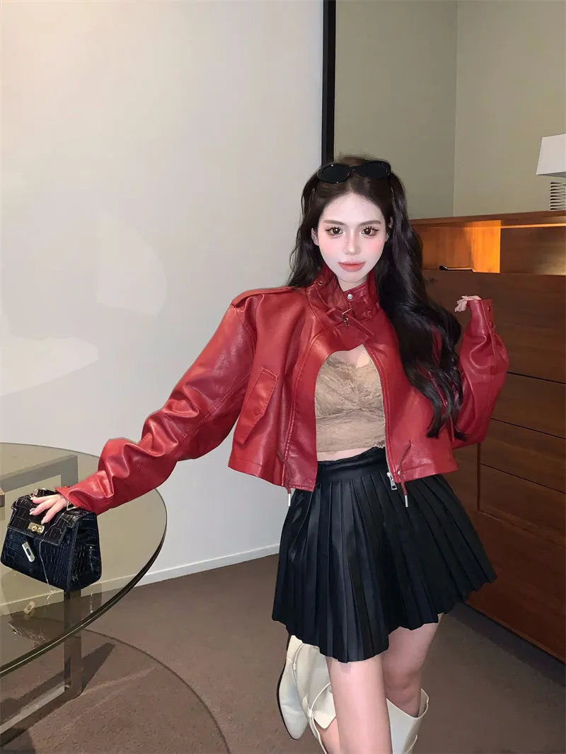 Red Black Women Autumn PU Leather Motorcycle Biker Jacket