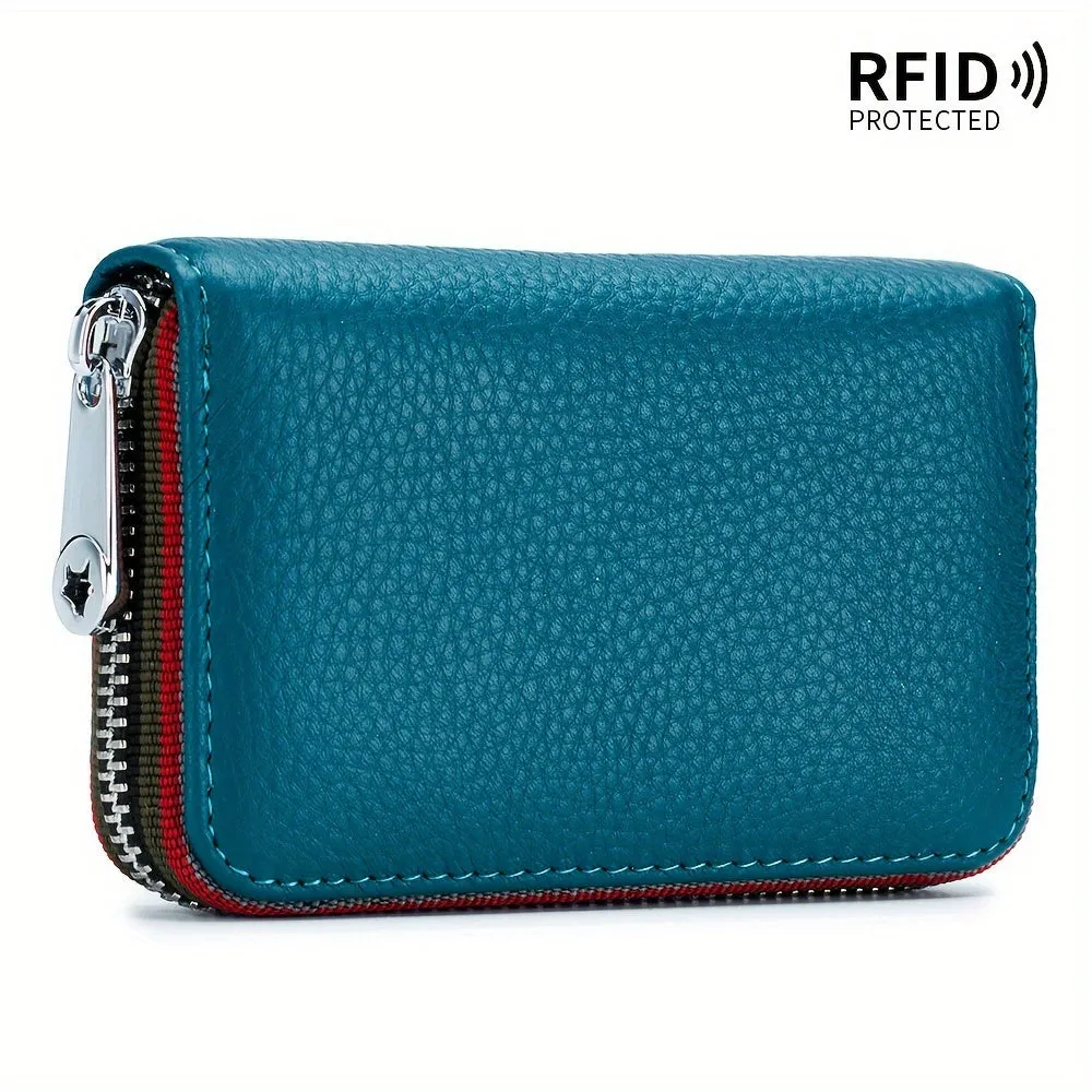 RFID-Blocking Leather Wallet - Compact & Secure Zippered Card Holder for Men & Women, Ideal for Travel