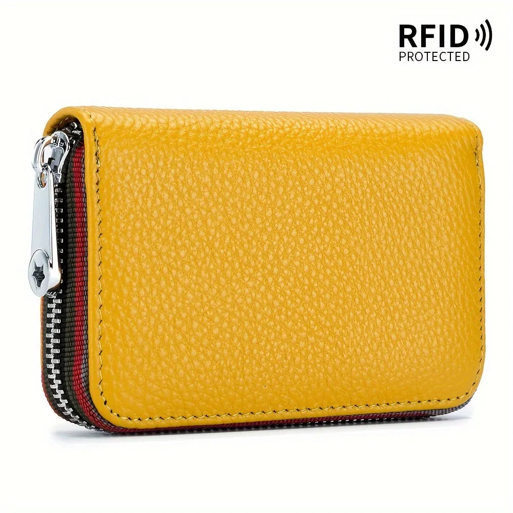 RFID-Blocking Leather Wallet - Compact & Secure Zippered Card Holder for Men & Women, Ideal for Travel