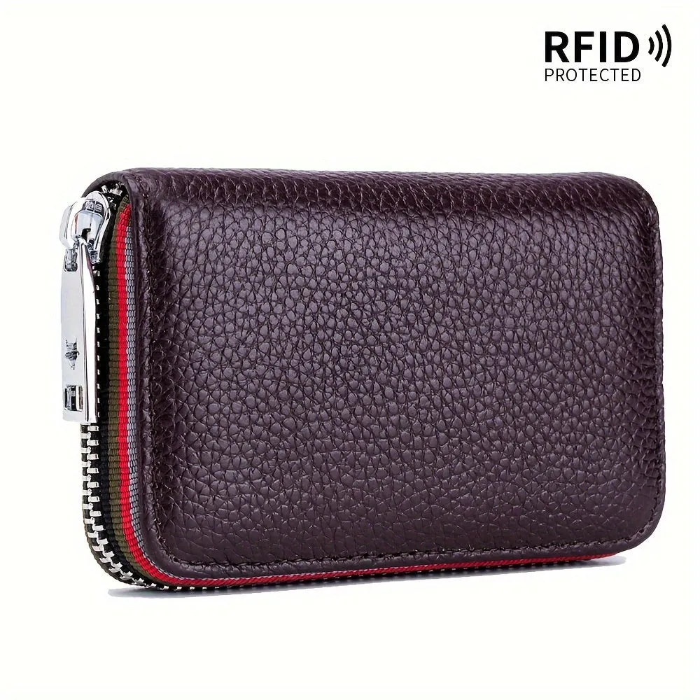 RFID-Blocking Leather Wallet - Compact & Secure Zippered Card Holder for Men & Women, Ideal for Travel