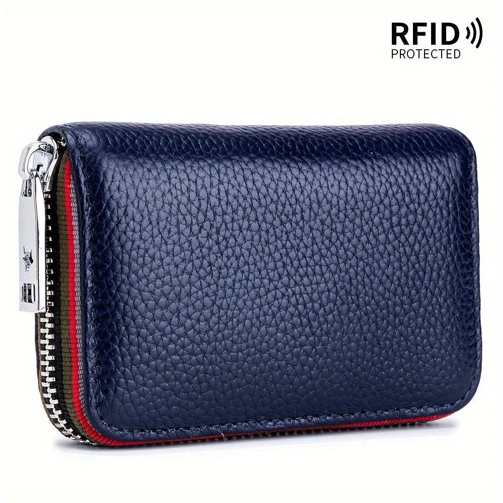 RFID-Blocking Leather Wallet - Compact & Secure Zippered Card Holder for Men & Women, Ideal for Travel