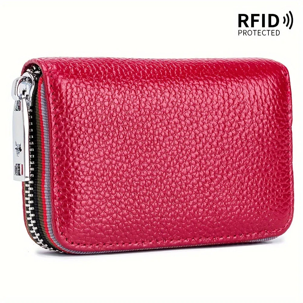 RFID-Blocking Leather Wallet - Compact & Secure Zippered Card Holder for Men & Women, Ideal for Travel