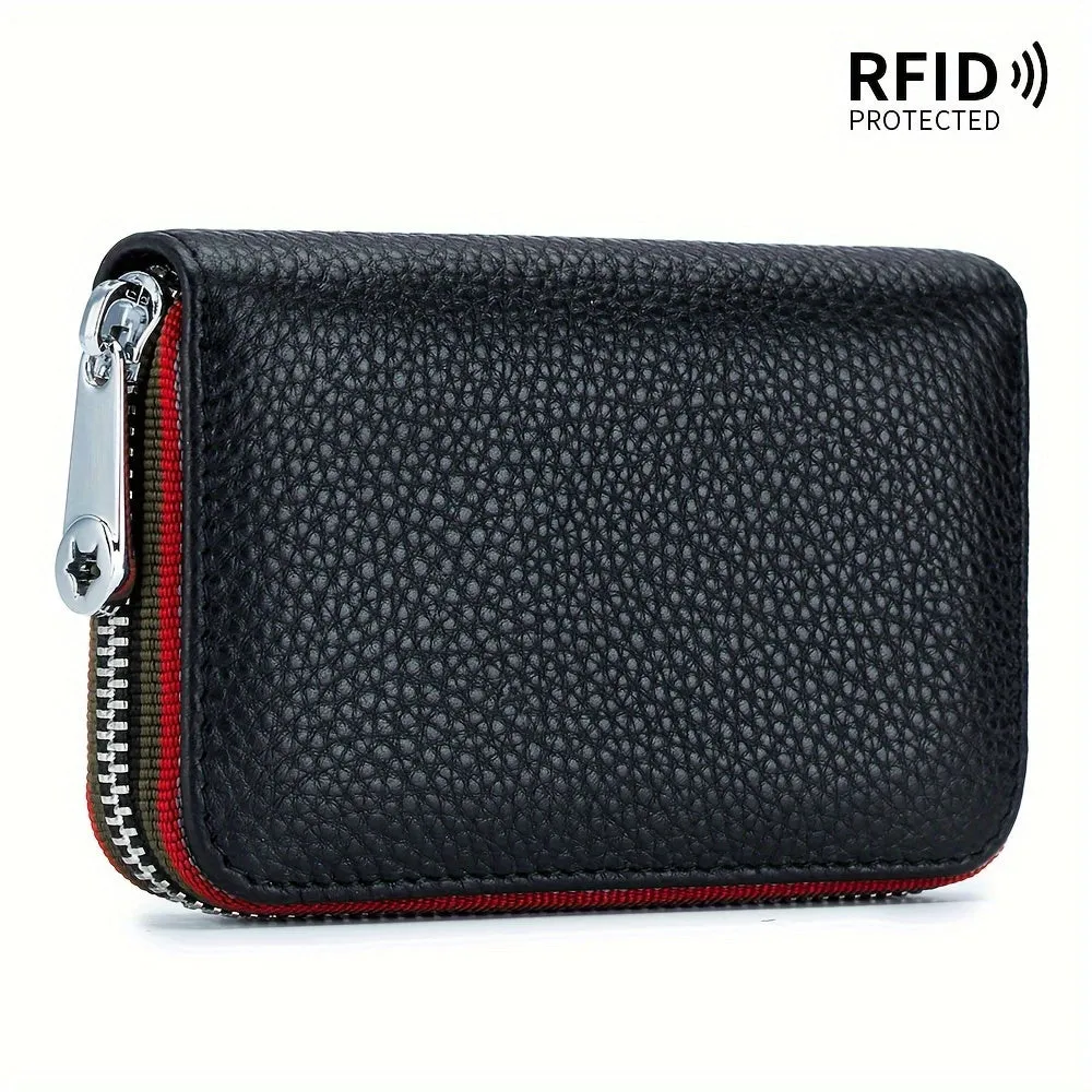 RFID-Blocking Leather Wallet - Compact & Secure Zippered Card Holder for Men & Women, Ideal for Travel