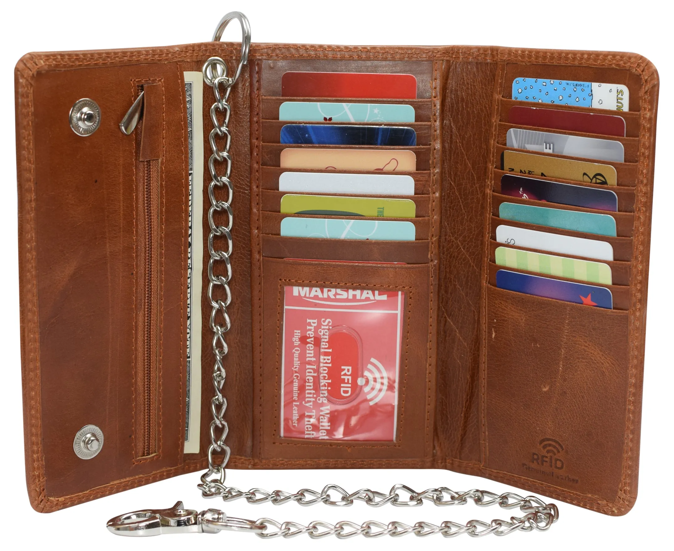 RFID Blocking Men's Tri-fold Vintage Long Style Cow Leather With Chain card holder Wallet