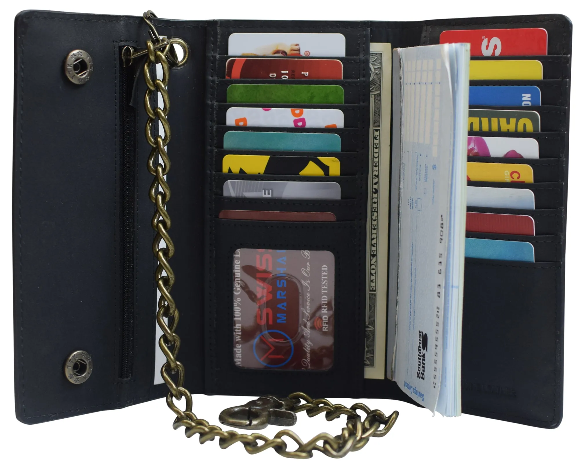 RFID Blocking Men's Tri-fold Vintage Long Style Cow Leather With Chain card holder Wallet