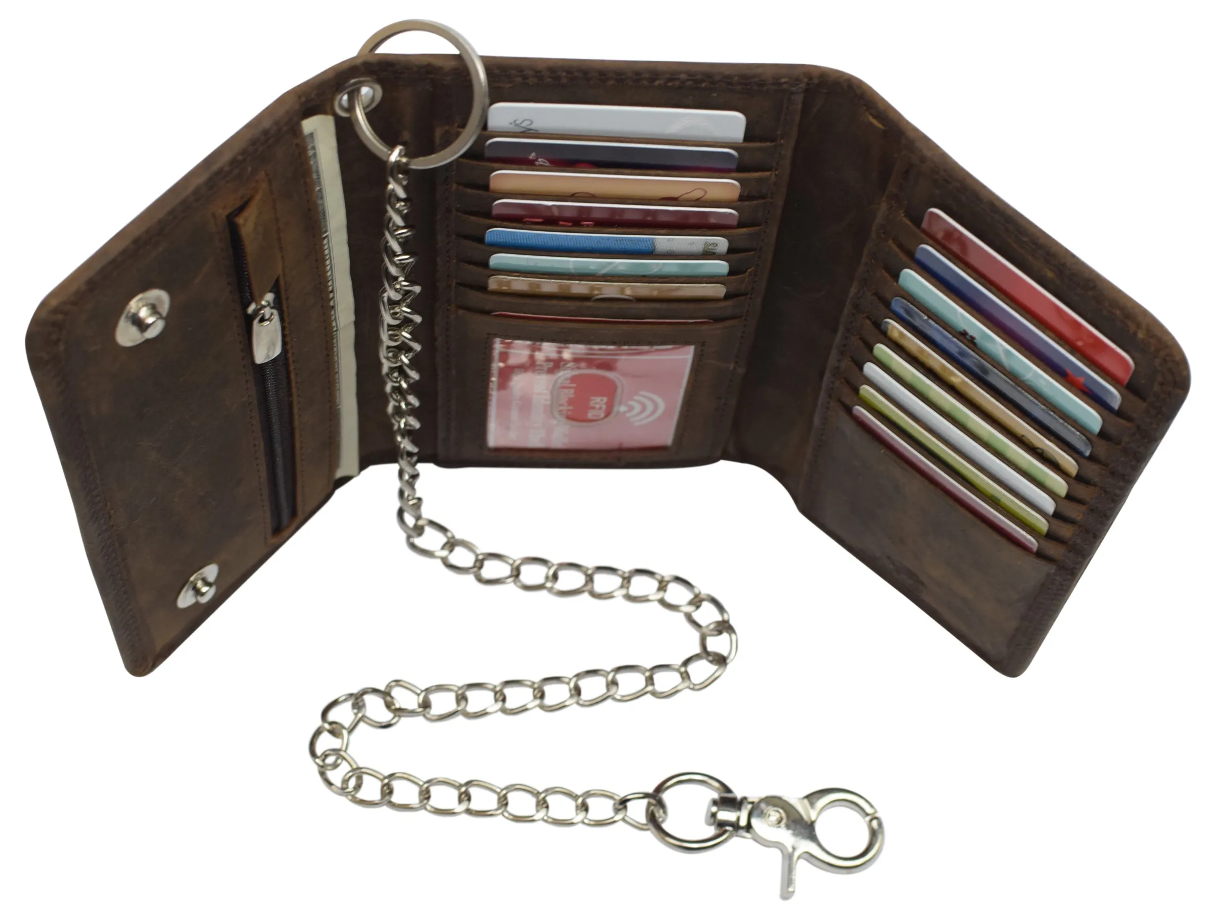 RFID Blocking Men's Tri-fold Vintage Long Style Cow Leather With Chain card holder Wallet