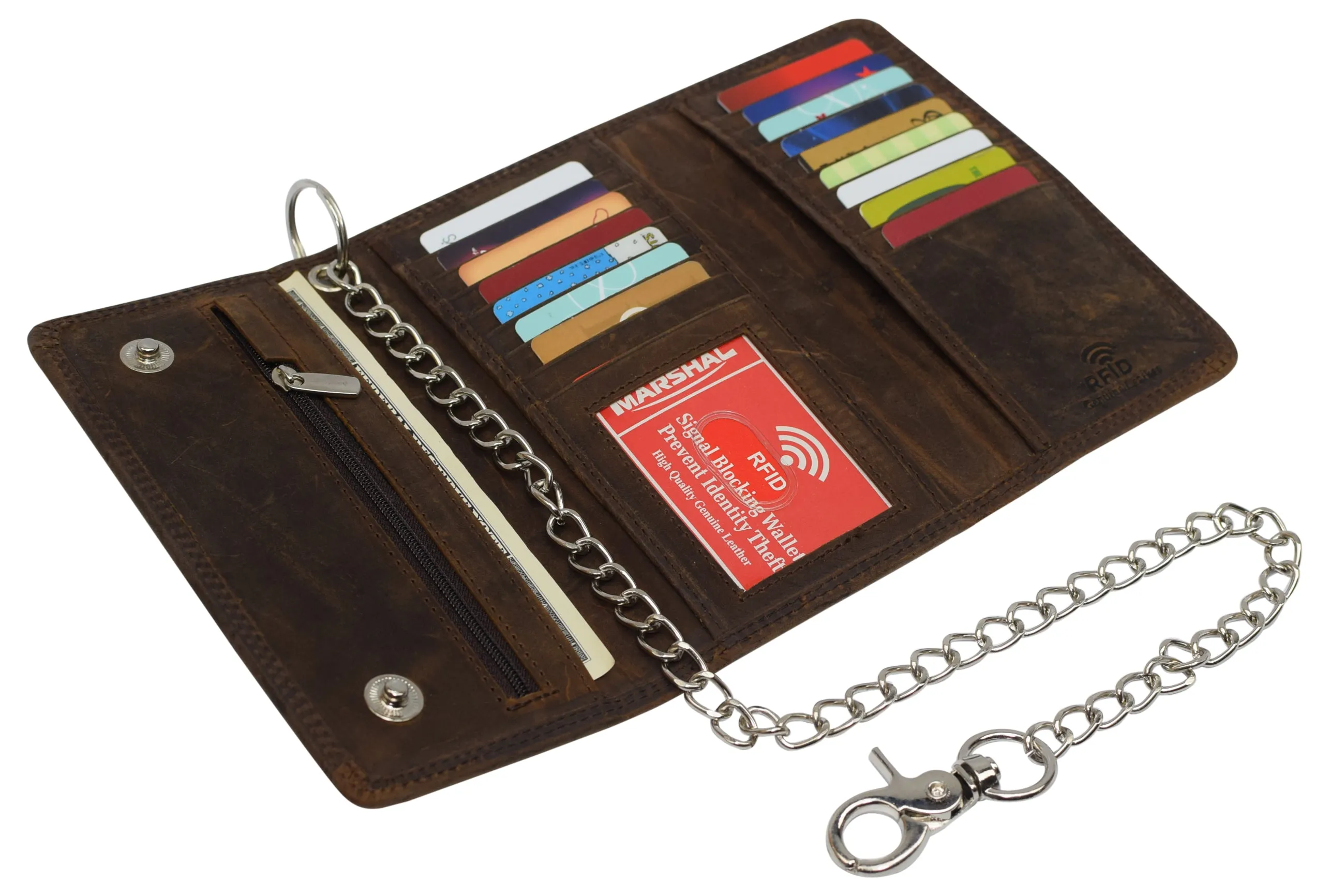 RFID Blocking Men's Tri-fold Vintage Long Style Cow Leather With Chain card holder Wallet