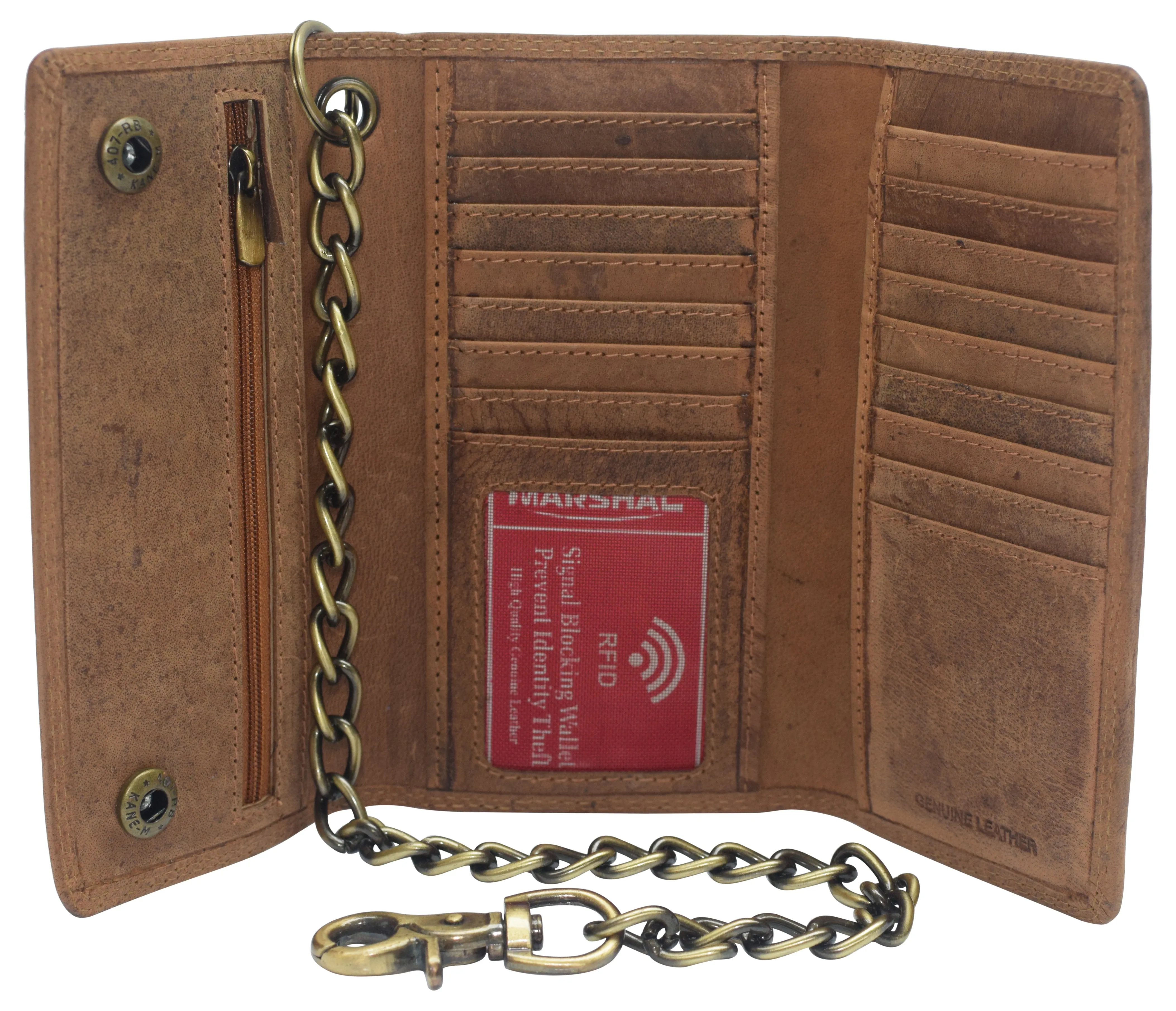 RFID Blocking Men's Tri-fold Vintage Long Style Cow Leather With Chain card holder Wallet