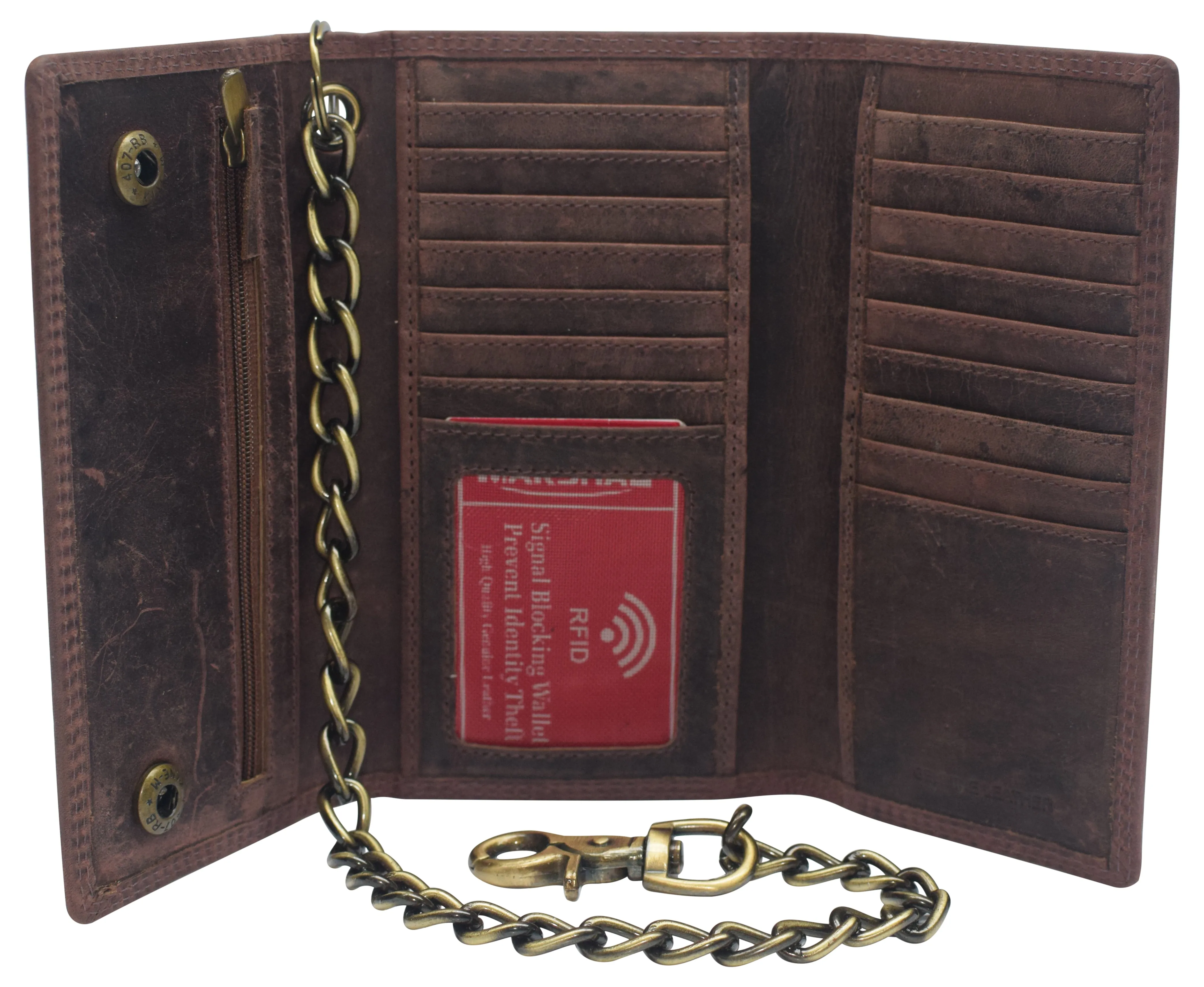 RFID Blocking Men's Tri-fold Vintage Long Style Cow Leather With Chain card holder Wallet