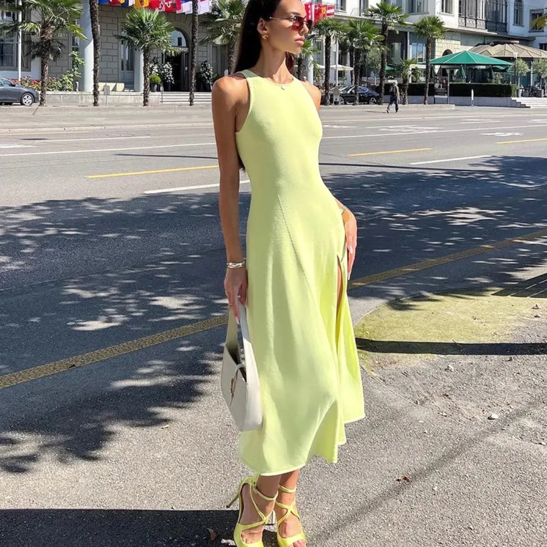 Ribbed Slit Stylish Sleeveless Midi Dress