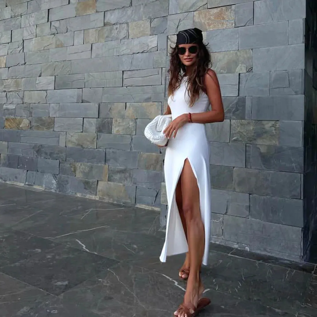 Ribbed Slit Stylish Sleeveless Midi Dress