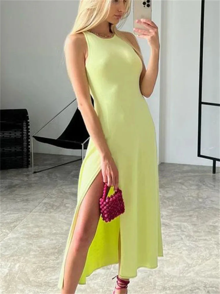 Ribbed Slit Stylish Sleeveless Midi Dress