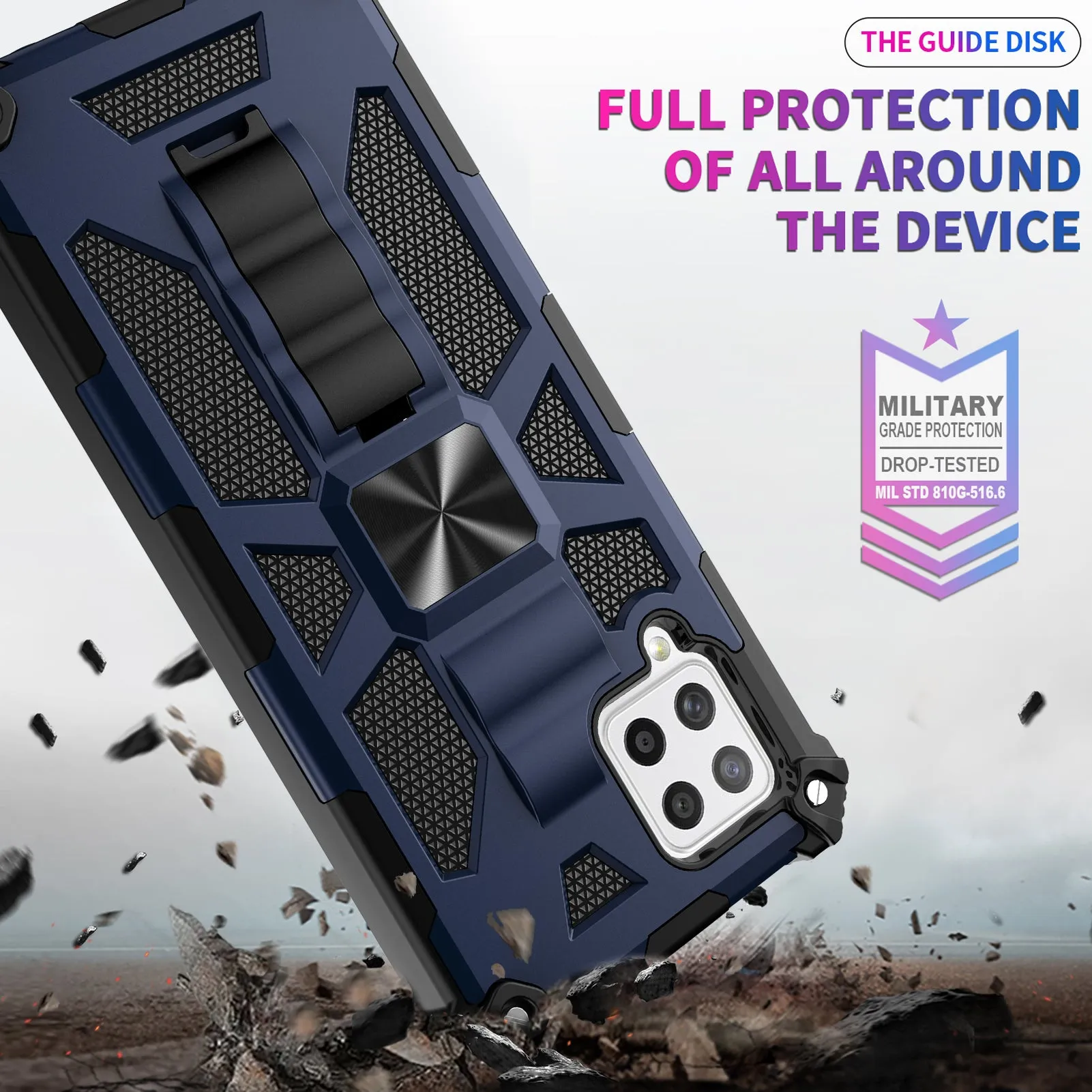 Samsung Galaxy A12 Case [Military Grade] Ring Car Mount Kickstand Hybrid Hard PC Soft TPU Shockproof Protective Case - Blue